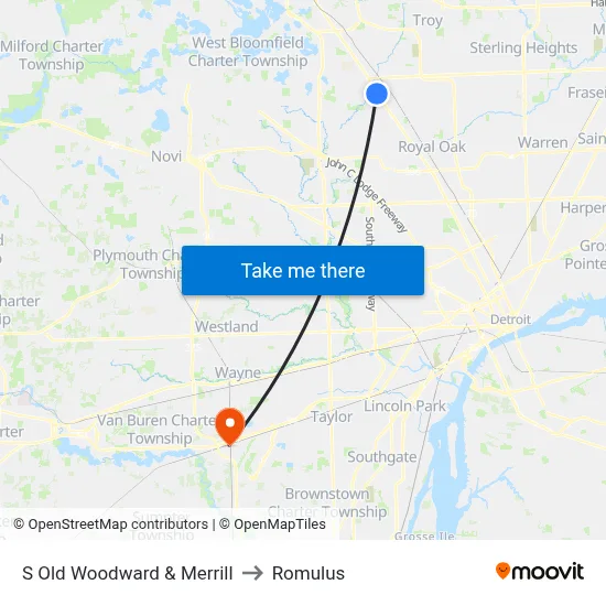 S Old Woodward & Merrill to Romulus map