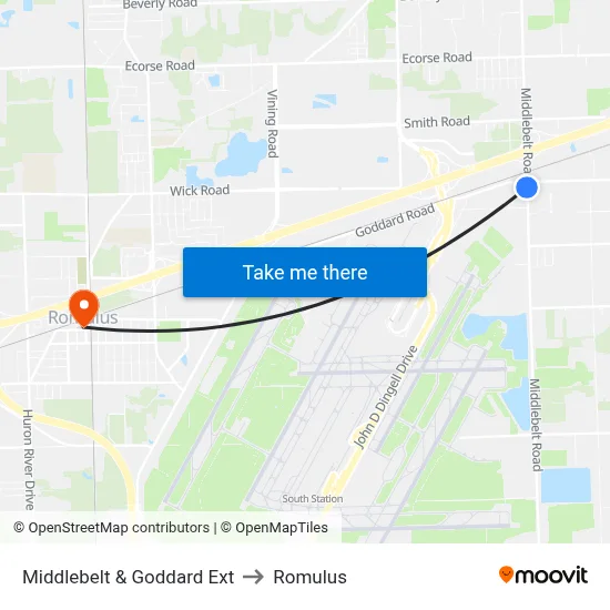 Middlebelt & Goddard Ext to Romulus map