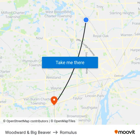Woodward & Big Beaver to Romulus map