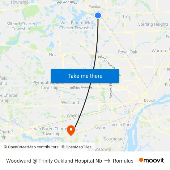 Woodward @ Trinity Oakland Hospital Nb to Romulus map