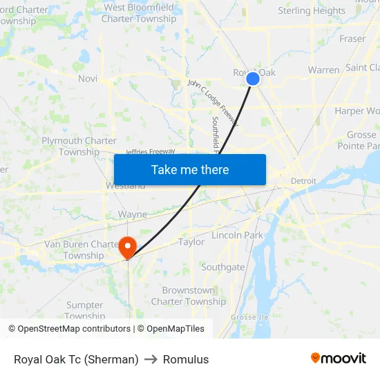 Royal Oak Tc (Sherman) to Romulus map