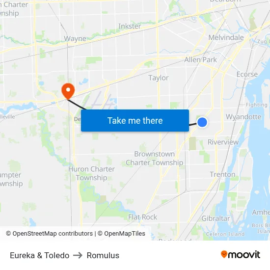 Eureka & Toledo to Romulus map