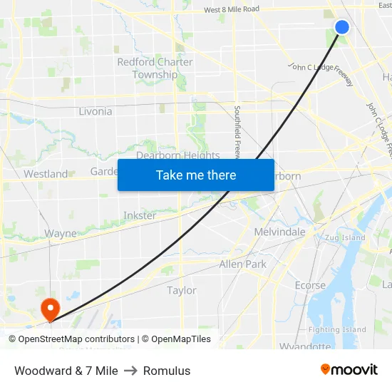 Woodward & 7 Mile to Romulus map