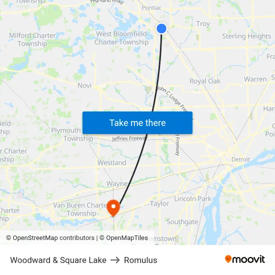 Woodward & Square Lake to Romulus map