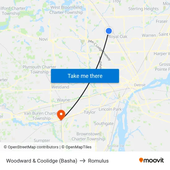 Woodward & Coolidge (Basha) to Romulus map