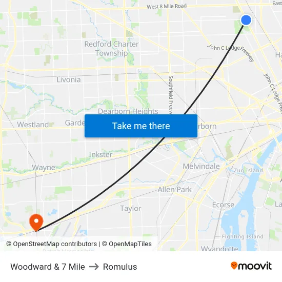 Woodward & 7 Mile to Romulus map