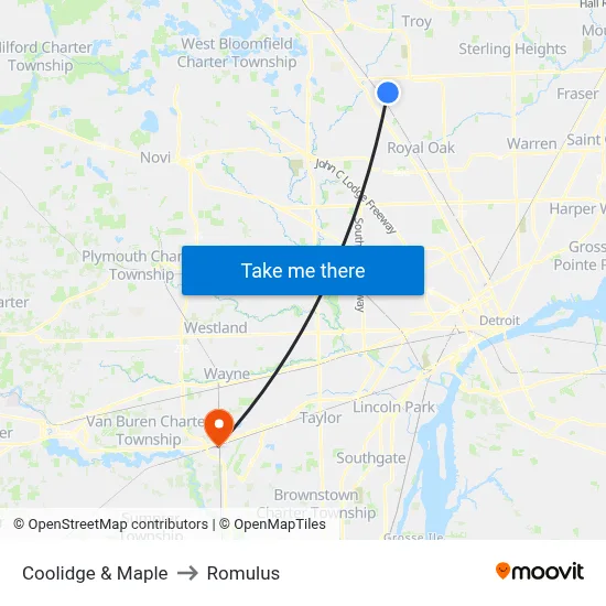 Coolidge & Maple to Romulus map
