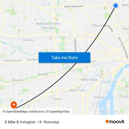 8 Mile & Irvington to Romulus map