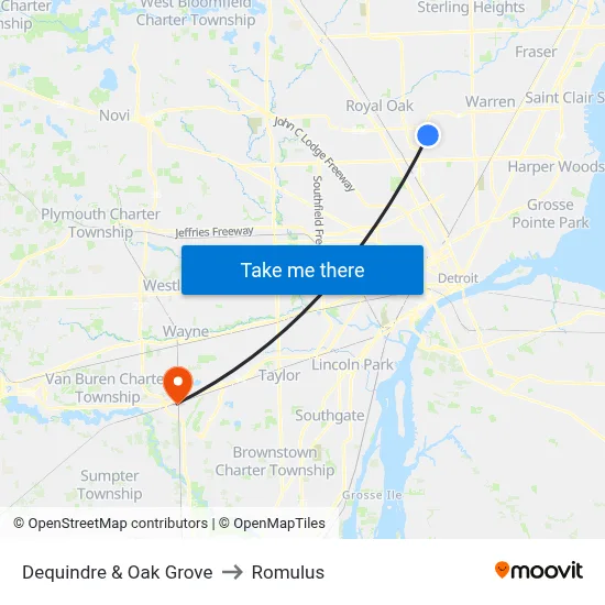 Dequindre & Oak Grove to Romulus map