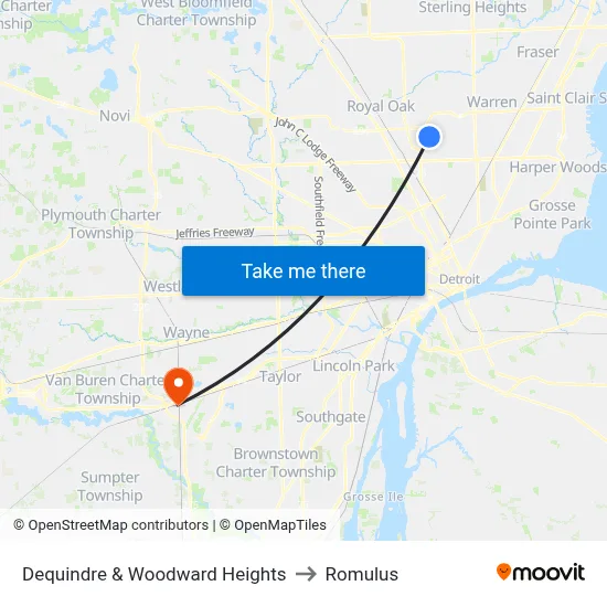 Dequindre & Woodward Heights to Romulus map