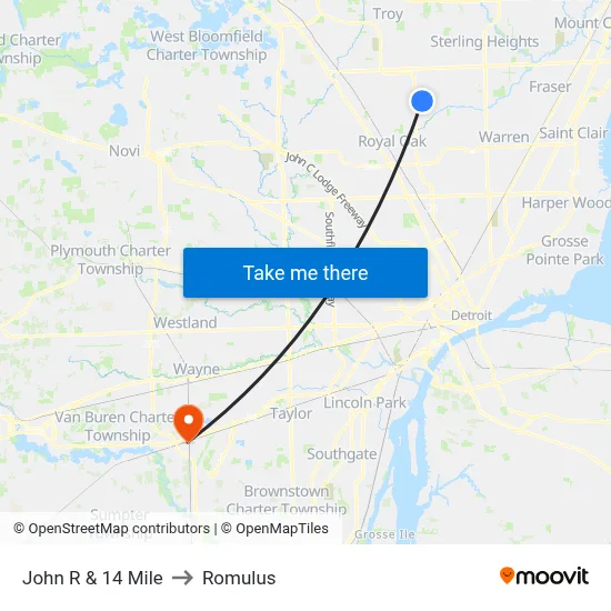 John R & 14 Mile to Romulus map