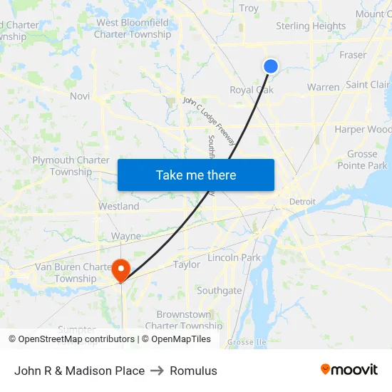 John R & Madison Place to Romulus map