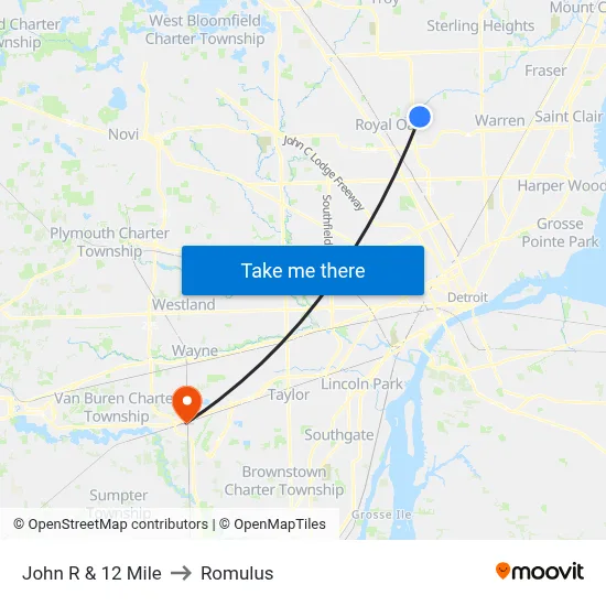 John R & 12 Mile to Romulus map