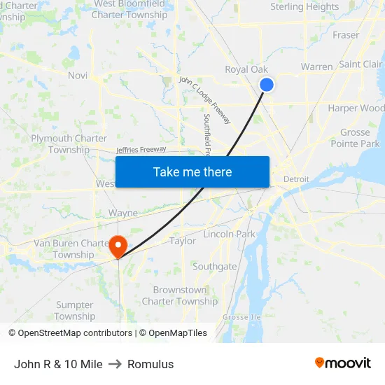 John R & 10 Mile to Romulus map