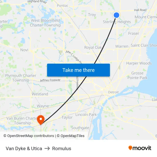 Van Dyke & Utica to Romulus map