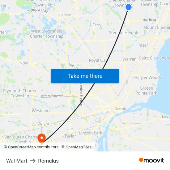 Wal Mart to Romulus map