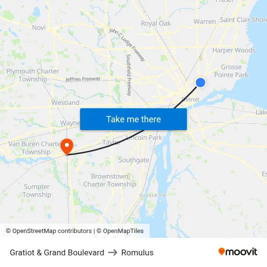 Gratiot & Grand Boulevard to Romulus map
