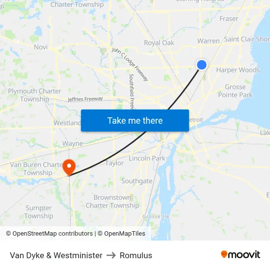 Van Dyke & Westminister to Romulus map