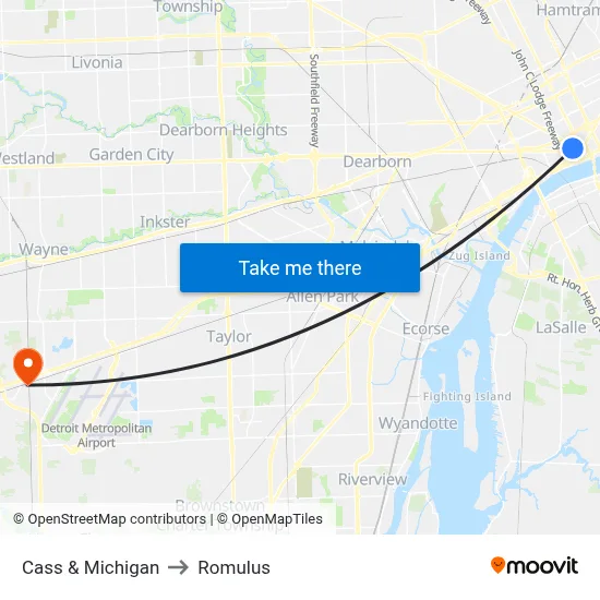 Cass & Michigan to Romulus map