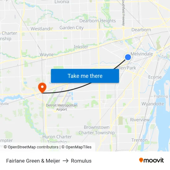 Fairlane Green & Meijer to Romulus map