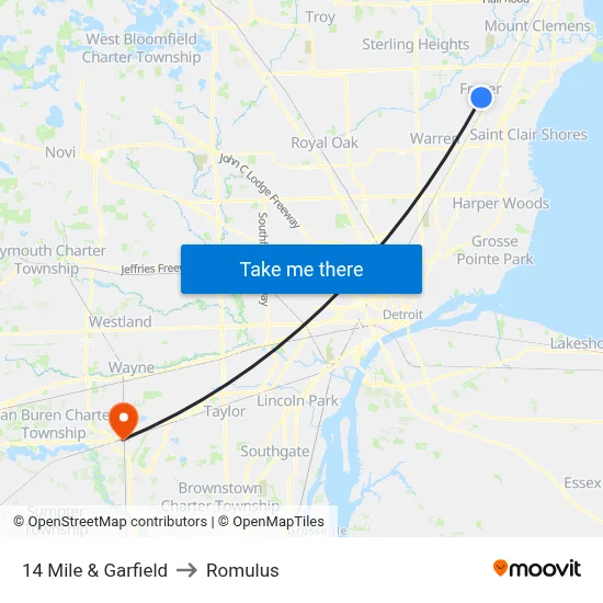14 Mile & Garfield to Romulus map