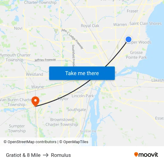 Gratiot & 8 Mile to Romulus map