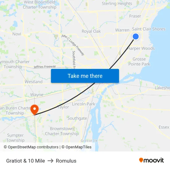 Gratiot & 10 Mile to Romulus map