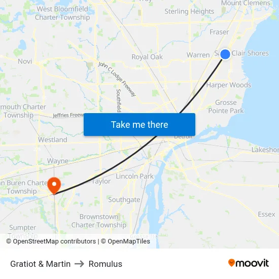 Gratiot & Martin to Romulus map