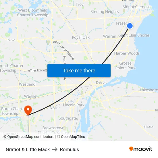 Gratiot & Little Mack to Romulus map