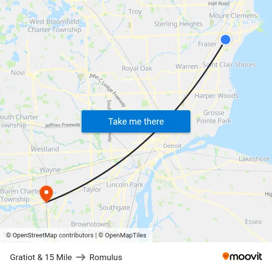 Gratiot & 15 Mile to Romulus map