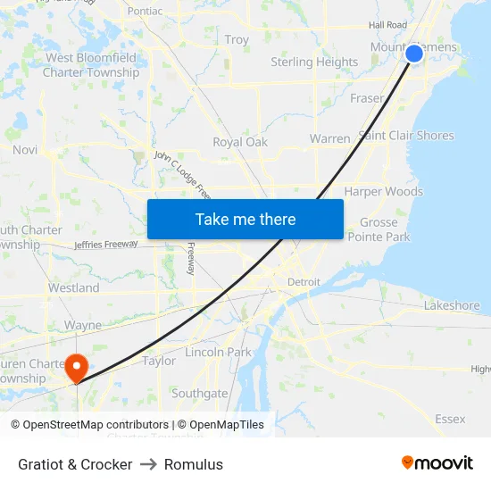 Gratiot & Crocker to Romulus map