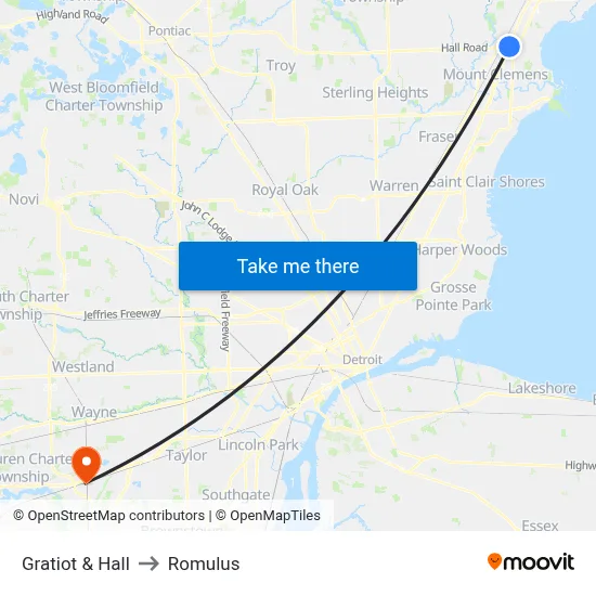 Gratiot & Hall to Romulus map