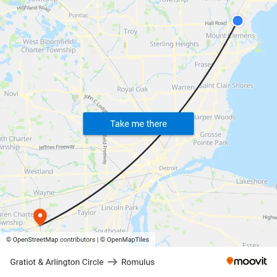 Gratiot & Arlington Circle to Romulus map