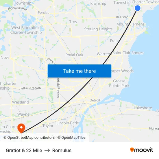 Gratiot & 22 Mile to Romulus map