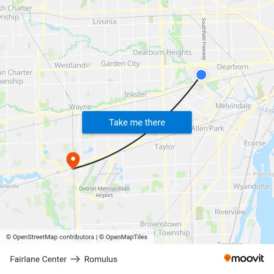 Fairlane Center to Romulus map
