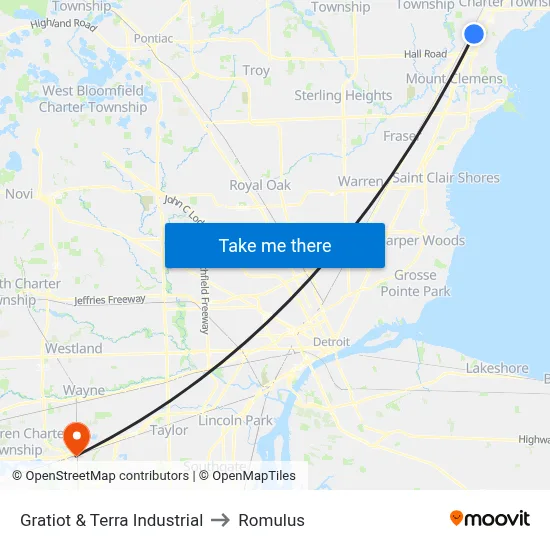 Gratiot & Terra Industrial to Romulus map