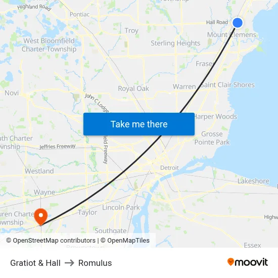 Gratiot & Hall to Romulus map