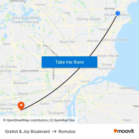 Gratiot & Joy Boulevard to Romulus map