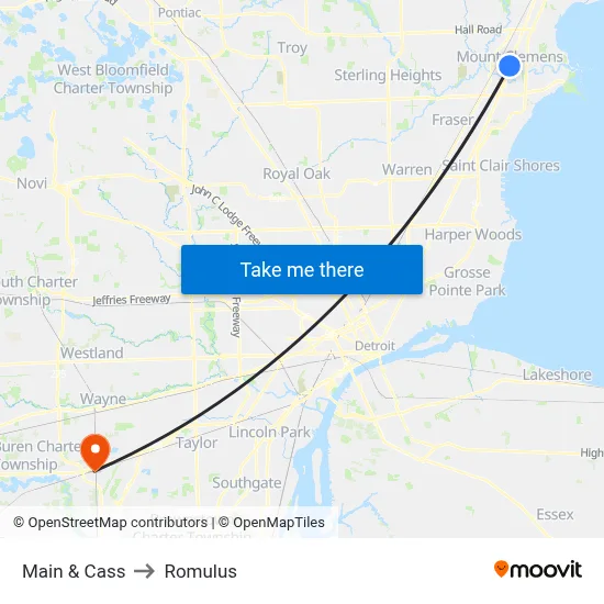 Main & Cass to Romulus map