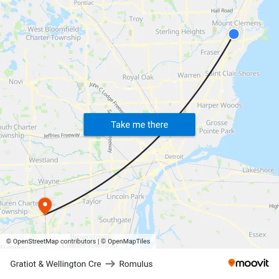 Gratiot & Wellington Cre to Romulus map