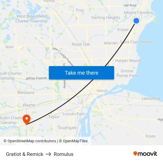 Gratiot & Remick to Romulus map