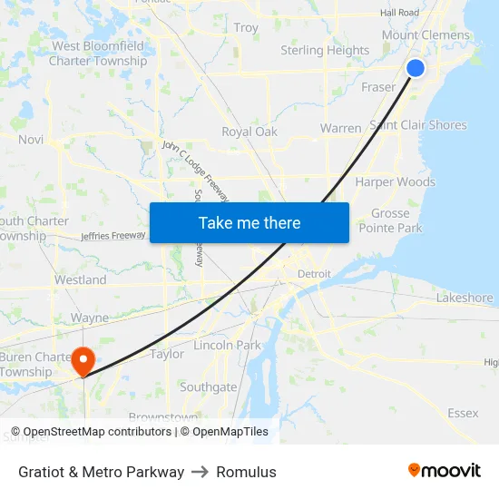 Gratiot & Metro Parkway to Romulus map