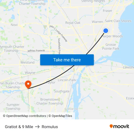 Gratiot & 9 Mile to Romulus map