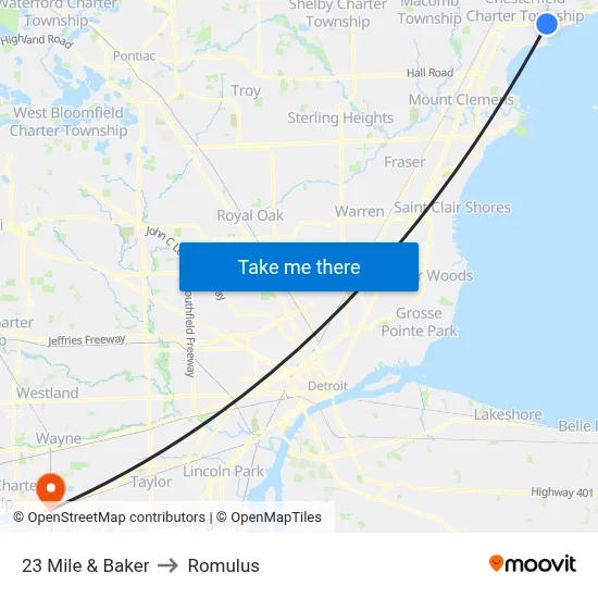 23 Mile & Baker to Romulus map