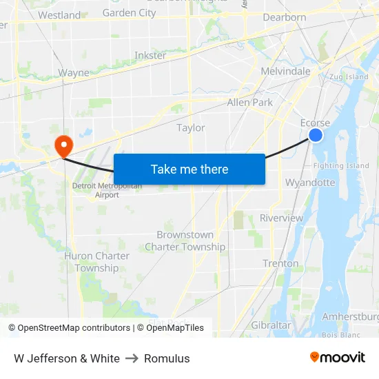 W Jefferson & White to Romulus map