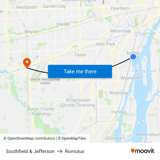 Southfield & Jefferson to Romulus map
