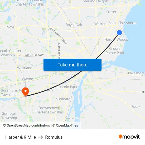 Harper & 9 Mile to Romulus map
