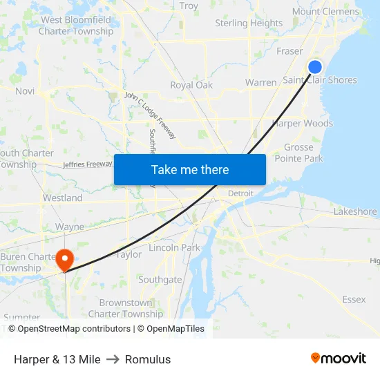 Harper & 13 Mile to Romulus map