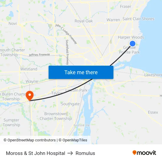Moross & St John Hospital to Romulus map