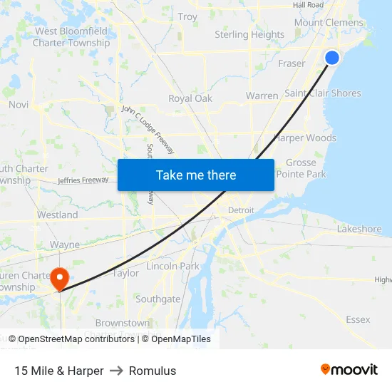 15 Mile & Harper to Romulus map
